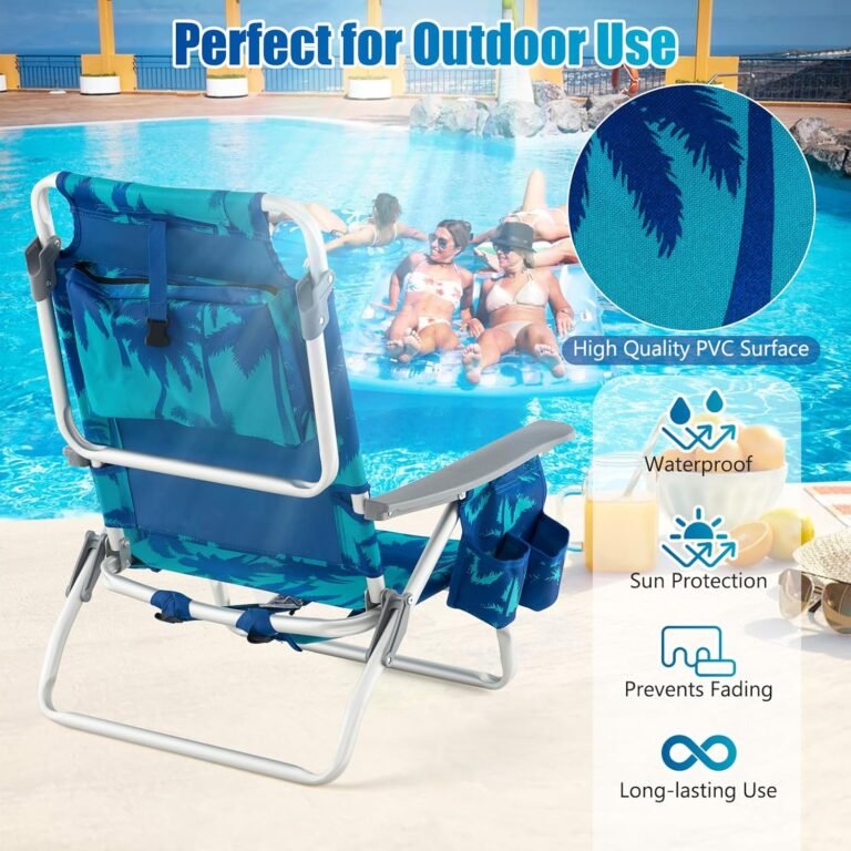GYMAX Beach Chairs, Backpack Camping Chair with Armrest, Cooler Bag, Cup Holder, Towel Bar & Side Pockets, Sunbath Sling Tanning Lounge, Folding Layout Chair (Without Table, Coconut Tree)
