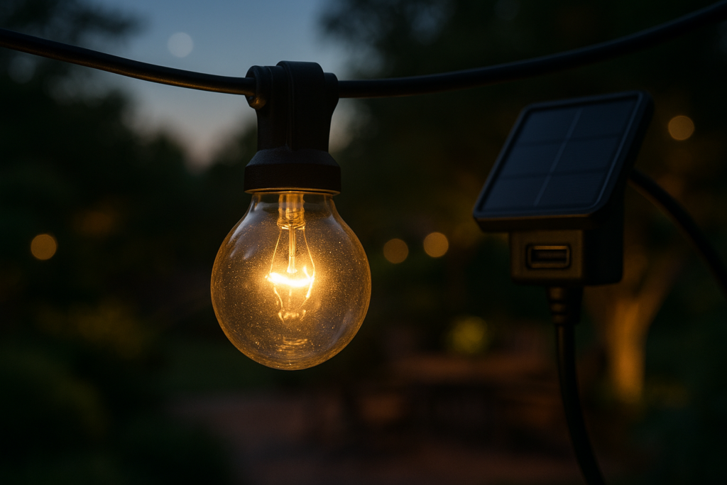 HJQ 60FT Solar String Lights Outdoor Waterproof, Patio Lights Solar Powered with Remote  USB Port, 20+1 LED Shatterproof Bulbs, 3 Light Modes, Dimmable Solar Hanging Lighting for Camping Yard Garden