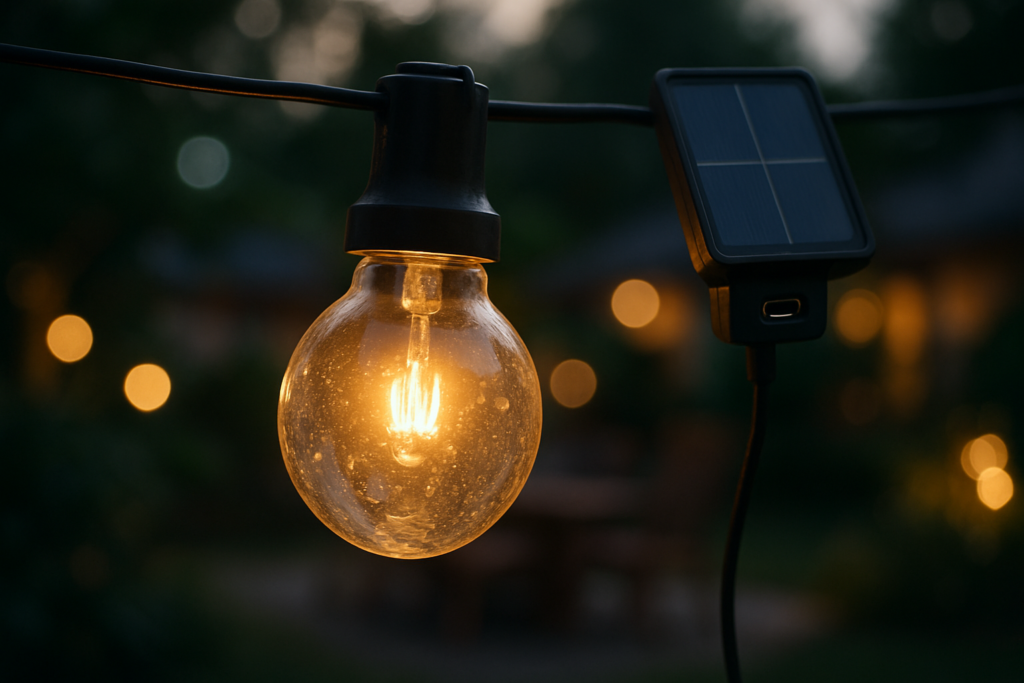 HJQ 60FT Solar String Lights Outdoor Waterproof, Patio Lights Solar Powered with Remote  USB Port, 20+1 LED Shatterproof Bulbs, 3 Light Modes, Dimmable Solar Hanging Lighting for Camping Yard Garden