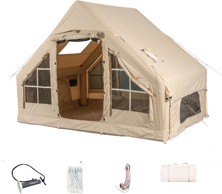 Inflatable Camping Tents with Hand Pump, Air Glamping Tents, Easy Setup Waterproof and Windproof Blow up Tent, 4 Seasons Oxford Cabin Tent with Mesh & Chimney Window.