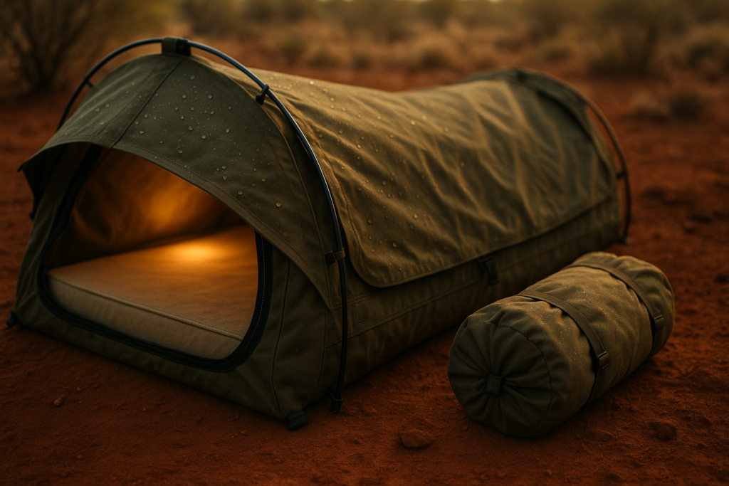 Kakadu Canvas Swag Tent, Person, Australian Polycotton Camping Ground Tent, All Seasons, Waterproof, with 2.75” Foam Mattress, LED Lighting, Carry Bag