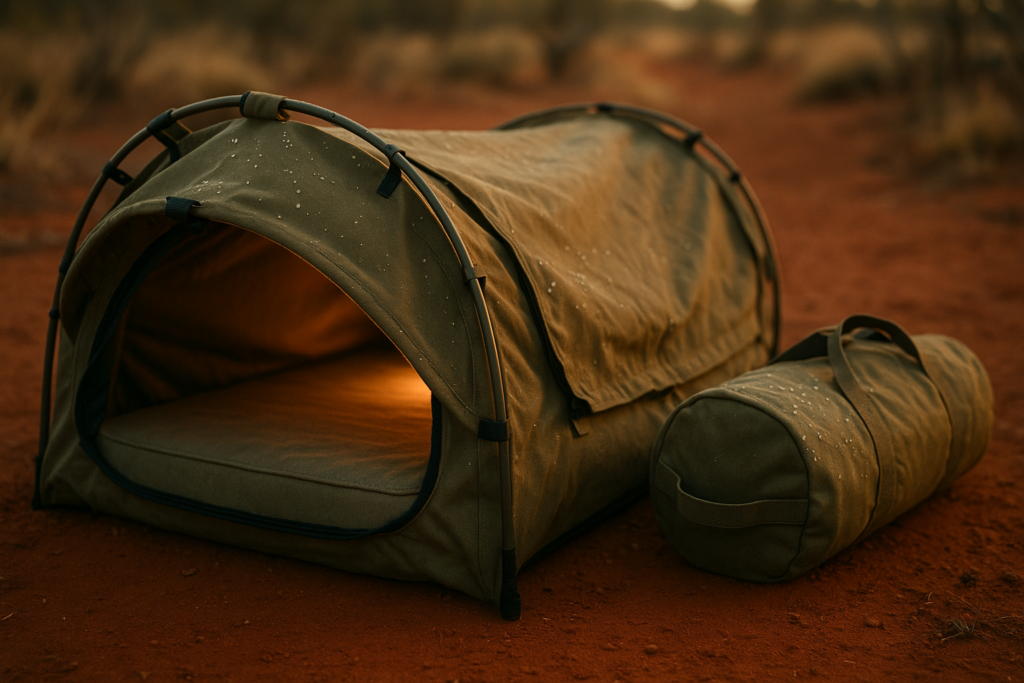 Kakadu Canvas Swag Tent, Person, Australian Polycotton Camping Ground Tent, All Seasons, Waterproof, with 2.75” Foam Mattress, LED Lighting, Carry Bag