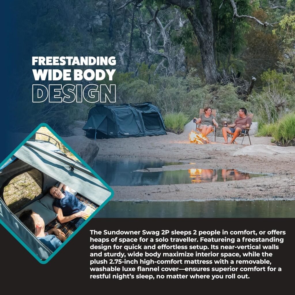 Kakadu Canvas Swag Tent, Person, Australian Polycotton Camping Ground Tent, All Seasons, Waterproof, with 2.75” Foam Mattress, LED Lighting, Carry Bag