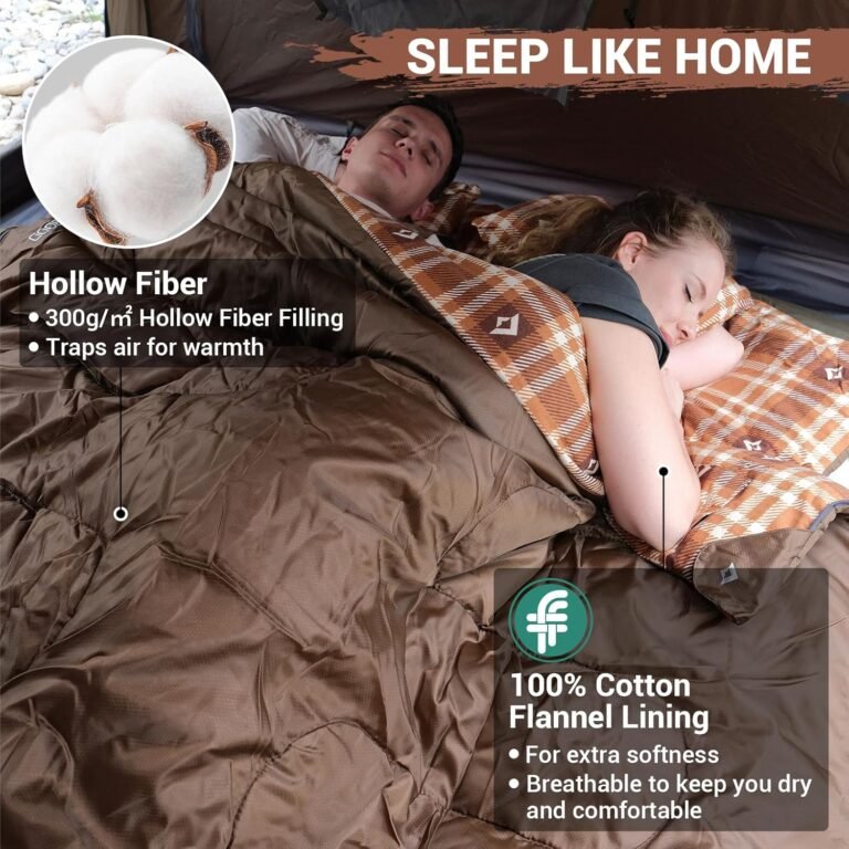 KingCamp Double Sleeping Bag for Adults, Queen Size 2 Person XXL Flannel Sleeping Bag, Waterproof Lightweight Flannel Quilt with 2 Pillows, Perfect for Couples Family Camping Hiking