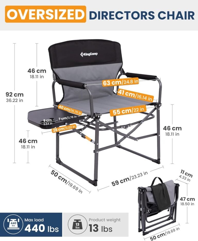 KingCamp Oversized Camping Directors Chair with Side Table, Compact Design Heavy Duty 440lbs, Folding Portable Padded Camp Chairs with Extra Wide Seat & Anti-Sag Fabric for Outdoor Fishing Sports Lawn