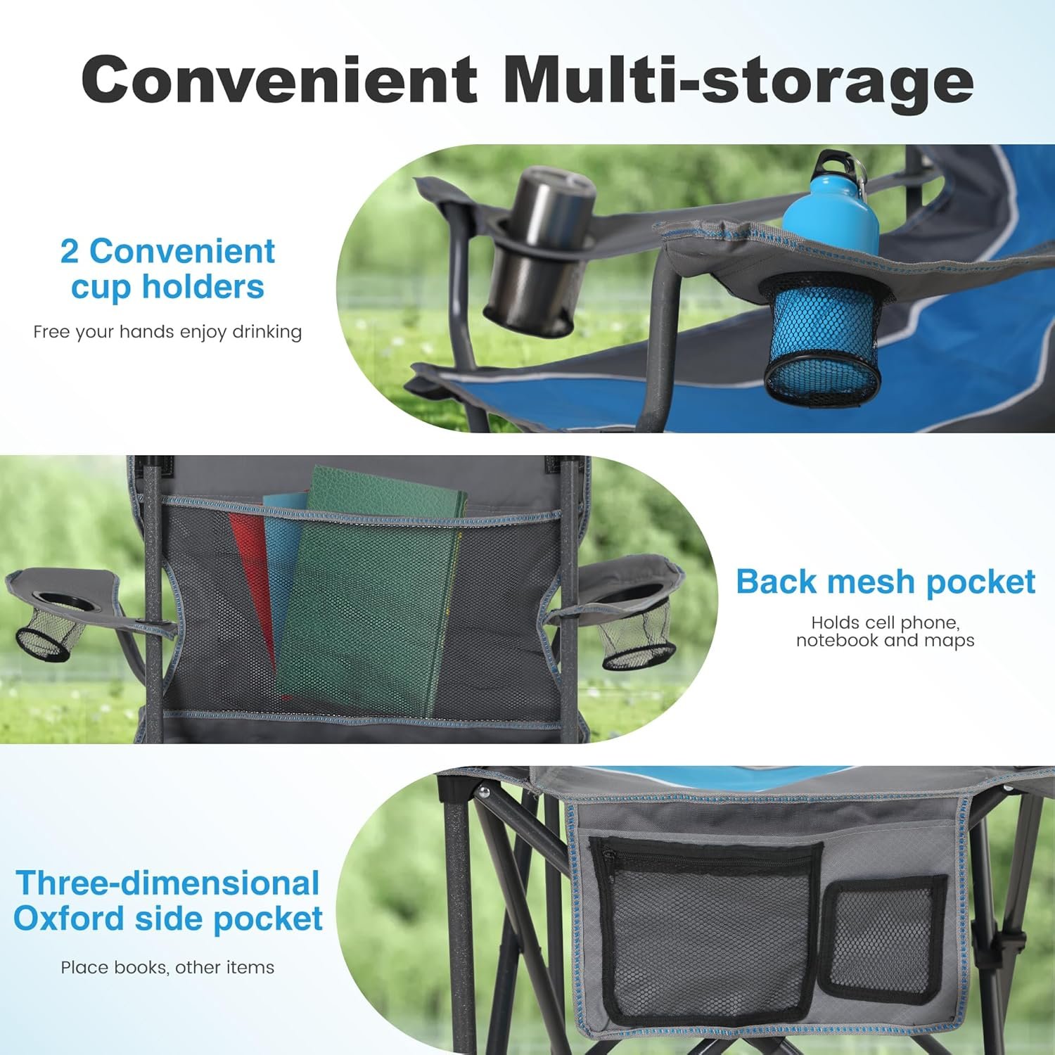 LET’S CAMP Oversized Outdoor Folding Camping Chair, 2 Pack Heavy Duty Arm Chairs with Cup Holder and Storage Bag, 350 LBS Weight Capacity, Blue