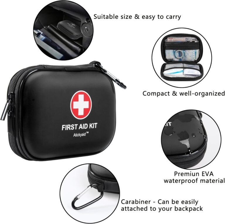 Mini First Aid Kit – 120 Piece Small Waterproof Hard Shell Medical Kit for Car, Home, Office, Travel, Camping, Sports, Outdoor, School – Emergency First Aid Supplies and Survival Kit (Black)