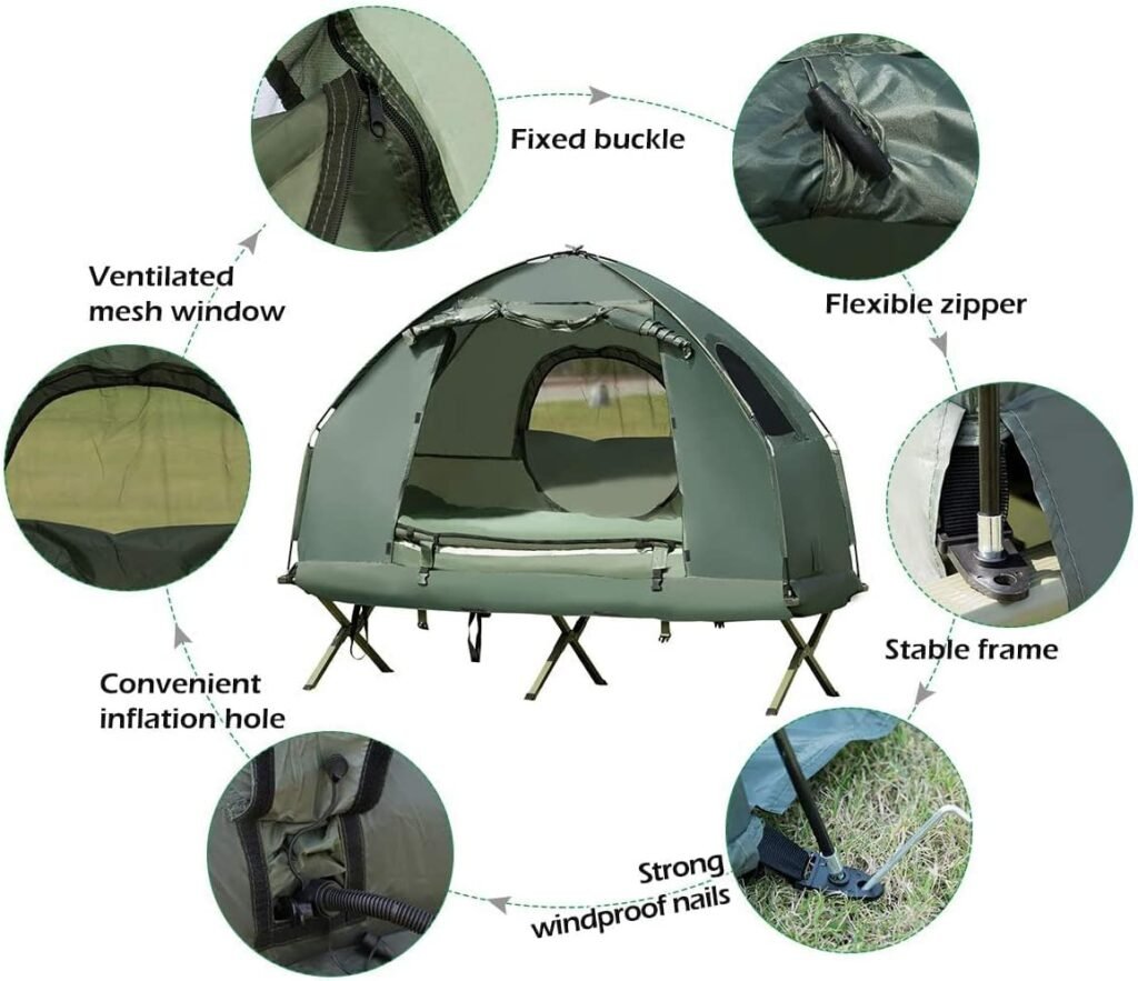 Moccha Folding Camping Tent Cot with Sleeping Bag and Air Mattress, Elevated Camping Tent with Carry Bag for Outdoor Activity, Hiking, Picnic (1-Person)