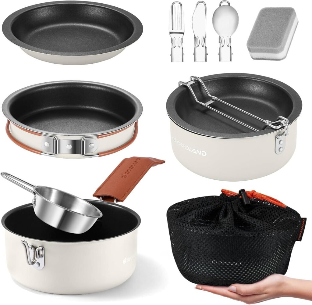 Odoland 10pcs Camping Cookware Non-Stick Camping Pot and Pan Set with Plate Bowl Fork Knife Spoon for Backpacking, Hiking, Outdoor Cooking and Picnic