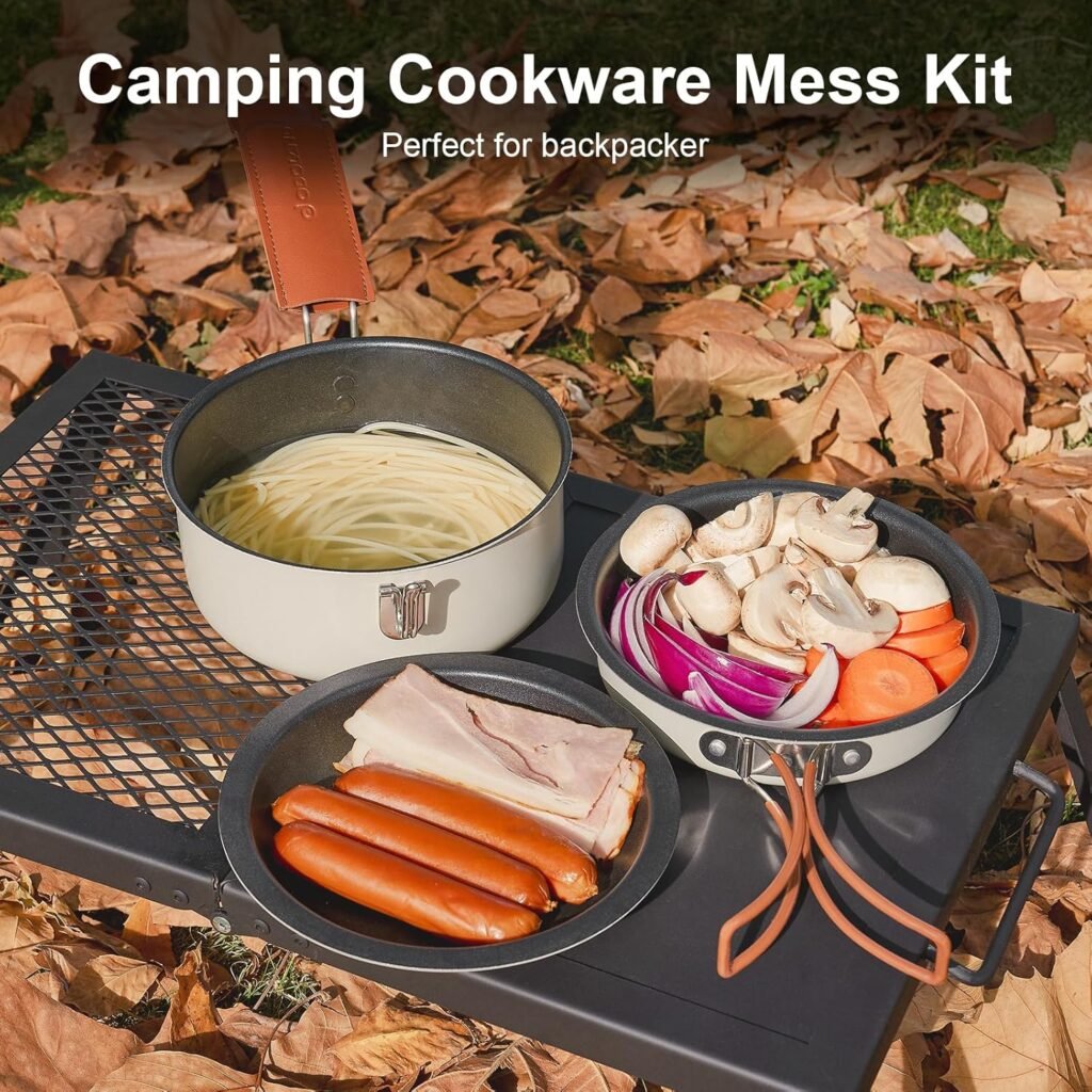 Odoland 10pcs Camping Cookware Non-Stick Camping Pot and Pan Set with Plate Bowl Fork Knife Spoon for Backpacking, Hiking, Outdoor Cooking and Picnic