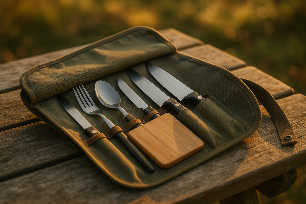 Odoland 14pcs Camping Cooking Utensils Set, Stainless Steel Outdoor Kitchen Cookware Kit, Portable Storage Bag for Knife, Fork, Spoon, Chopping Board, Chefs Knife, Camping, Grilling, Picnic and BBQ