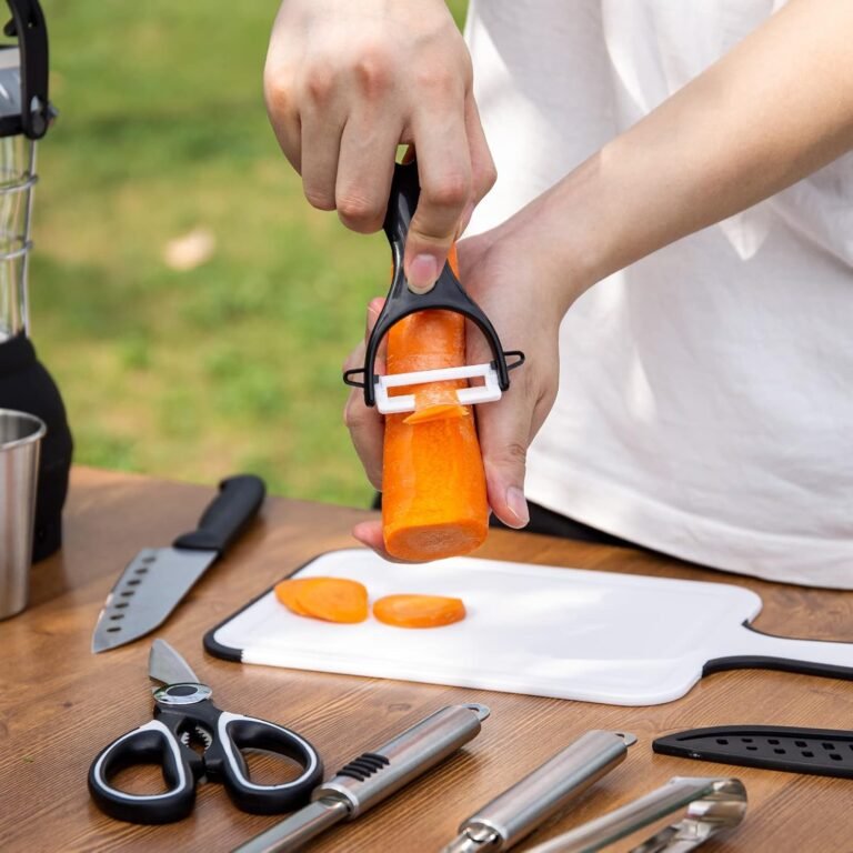 Odoland 14pcs Camping Cooking Utensils Set, Stainless Steel Outdoor Kitchen Cookware Kit, Portable Storage Bag for Knife, Fork, Spoon, Chopping Board, Chef’s Knife, Camping, Grilling, Picnic and BBQ