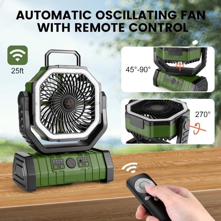Odoland 30000mAh Camping Fan with LED Lantern, Rechargeable Battery Operated Oscillating Fan with Remote & Hook, Portable Tent Fan with Timer, 4 Speeds for Outdoor Camp RV Jobsite Power Outage, Green