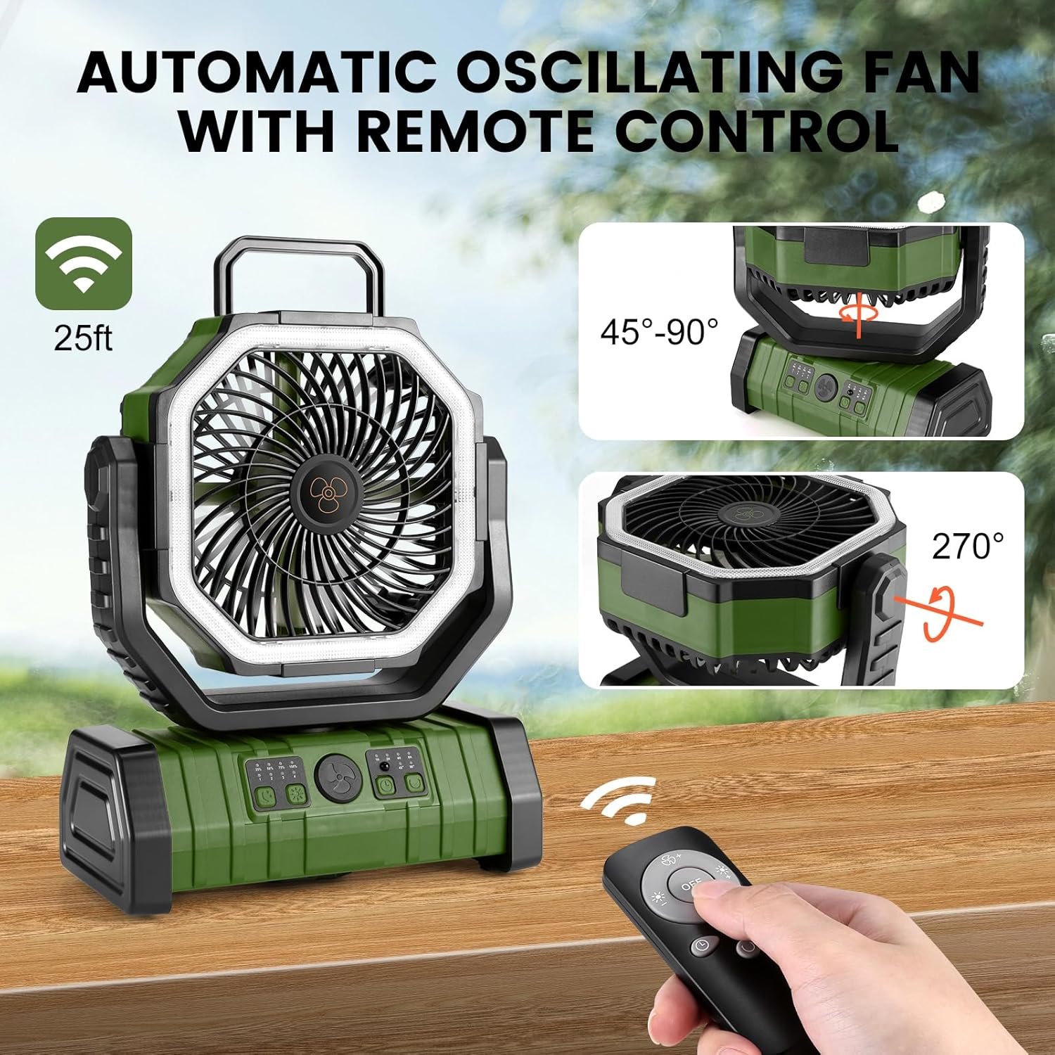 Odoland 30000mAh Camping Fan with LED Lantern, Rechargeable Battery Operated Oscillating Fan with Remote & Hook, Portable Tent Fan with Timer, 4 Speeds for Outdoor Camp RV Jobsite Power Outage, Green