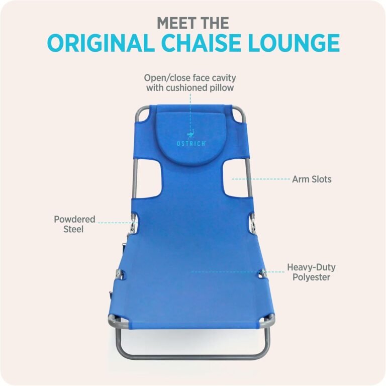 Ostrich the Original Chaise 72 x 22 Inch Lounge Portable Reclining Lounger, Outdoor Patio, Beach, Lawn, Camping, or Pool Tanning Chair, Ocean Blue
