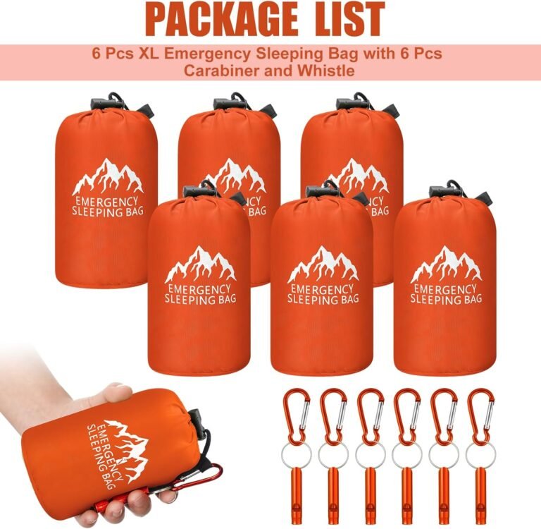 Oudain 6 Pcs XL Emergency Sleeping Bag 94.5″ x 49.2″ Waterproof Survival Sleeping Bag with Whistle Carabiner Portable Thermal Bivy Sack Emergency Blankets for Camping Hiking Outdoor