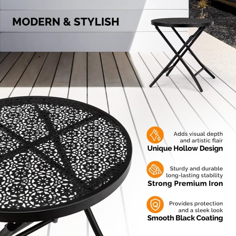 Patio Folding Side Table, Round Outdoor End Table,18 inch Folding Patio Side Table, Metal Steel Outdoor Round Coffee Table with Flower Cutouts for Patio Yard Balcony Garden, Black