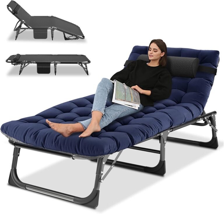 Portable Folding Camping Cot, Adjustable 4-Position Adults Reclining Chaise with Pillow, Outdoor Lounge Chair Sleeping Cots Bed, Perfect for Camping, Pool, Beach, Patio