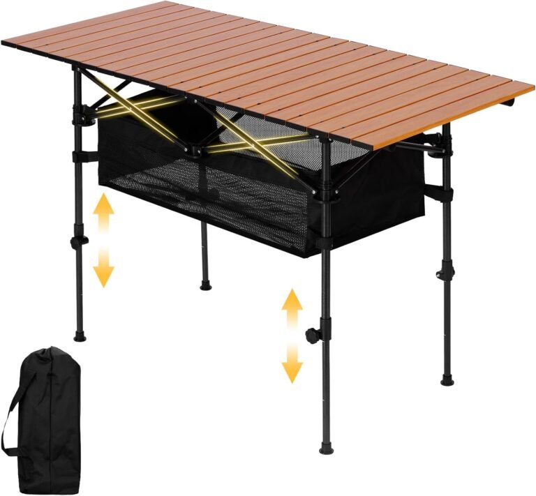 Portable Folding Camping Table, 4-6 Person Aluminum Outdoor Picnic Table with Storage Carry Bag, Adjustable Height Lightweight Camp Table for Beach, Picnic, BBQ and Indoor Use