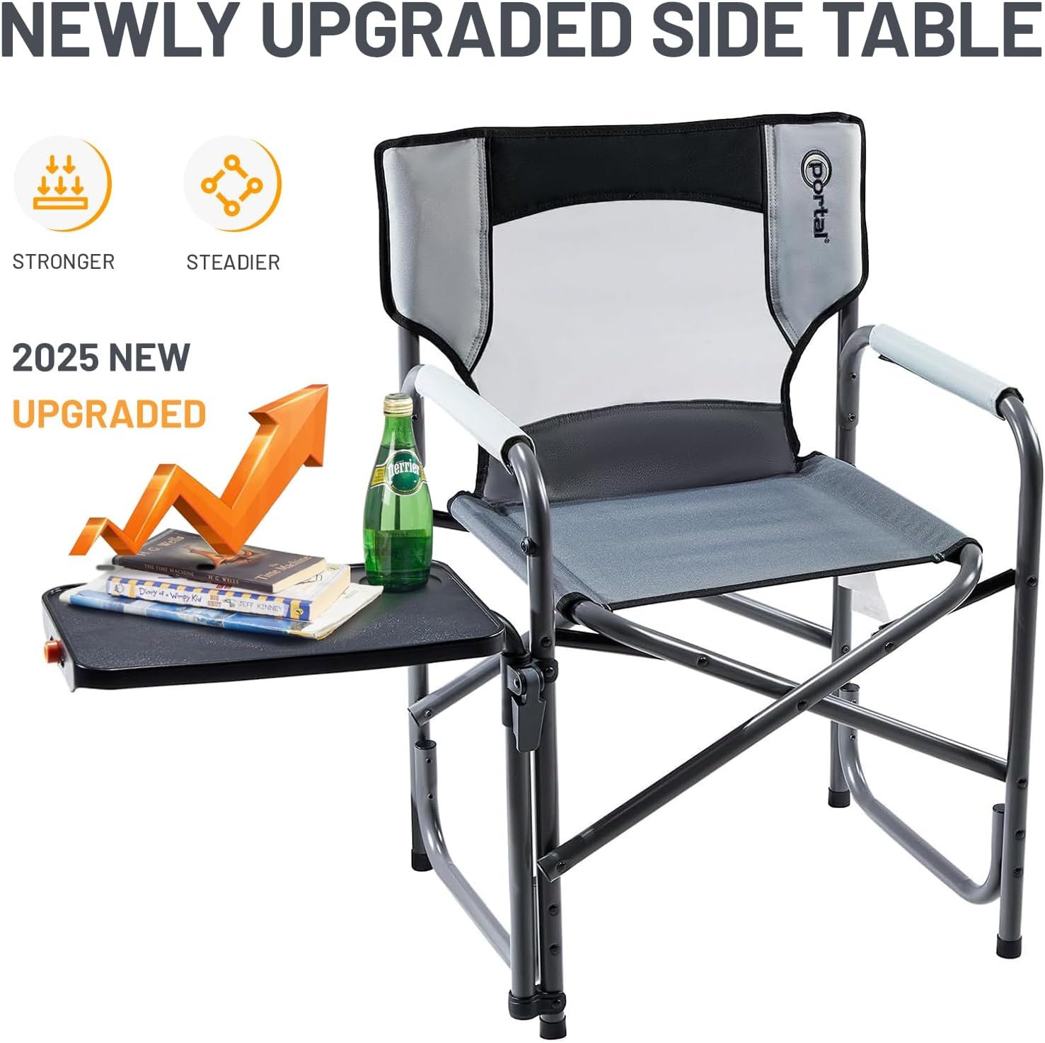 Portal Folding Director Chair with 2-Way Rotating Side Table, Heavy Duty 300 lb Camping Chair with Swivel Tray & Cup Holder, Ergonomic Mesh Back Portable Outdoor Seat for RV, Tailgating & Lawn, Grey