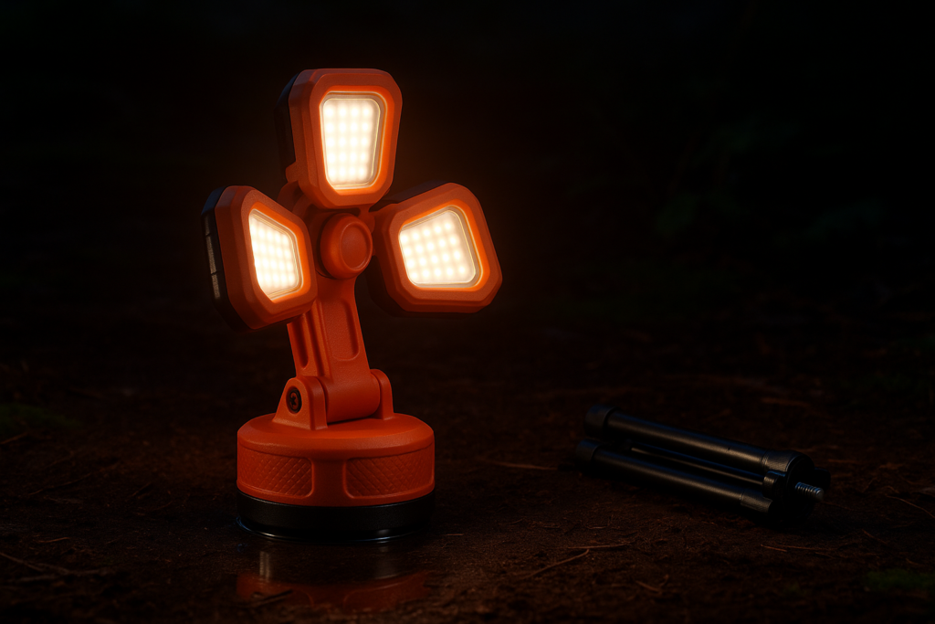 Rechargeable 12000mAh Camping Light with Adjustable Stand, Cordless Work Light with 3 LED Lamp Heads, 2200 Lumens Dimmable Magnetic Emergency Flashlight with Detachable Tripod, Orange