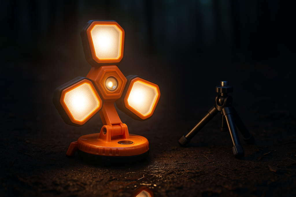 Rechargeable 12000mAh Camping Light with Adjustable Stand, Cordless Work Light with 3 LED Lamp Heads, 2200 Lumens Dimmable Magnetic Emergency Flashlight with Detachable Tripod, Orange