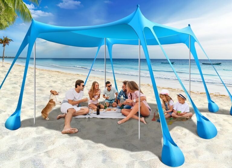 Rhino Valley Beach Tent Shade Canopy UPF50+ Protection, 8 Sandbags, 4 Stability Poles, Outdoor Sun Shelter Umbrella for Sand, Camping, Fishing Essentials