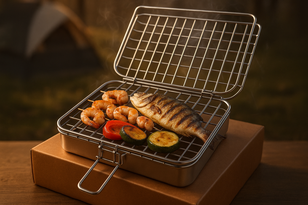 SHIZZO Grill Basket Set, Barbecue BBQ Grilling, Stainless Steel Folding Portable Outdoor Camping Rack for Fish, Shrimp, Vegetables, Cooking Accessories, Gifts for Dad, husband, Friends