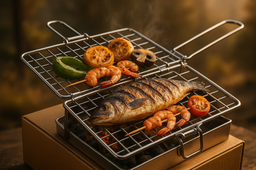 SHIZZO Grill Basket Set, Barbecue BBQ Grilling, Stainless Steel Folding Portable Outdoor Camping Rack for Fish, Shrimp, Vegetables, Cooking Accessories, Gifts for Dad, husband, Friends