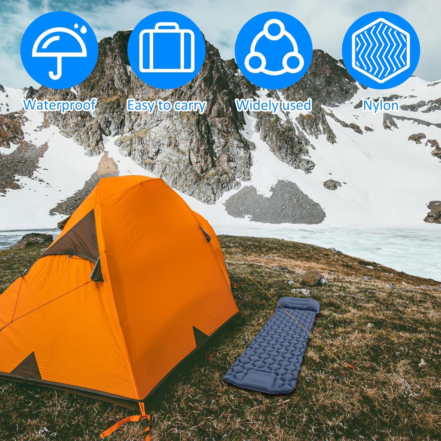 Sleeping Pad for Camping with Pillow – Ultralight(1.3lbs) Inflatable Tent Mattress, 4″ Thick Inflatable Bed with Foot Pump Design, Connectable for Double Bed Camping | Hiking Traveling (Navy Blue)