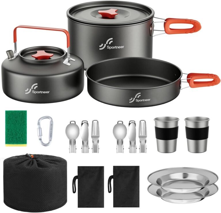 Sportneer Camping Cookware Set, 18Pcs Non-Stick Lightweight Pots, Pan, Kettle with Stainless Steel Cups, Plates, Forks, Knives & Spoons for Camping, Backpacking, Hiking, Outdoor Cooking & Picnic