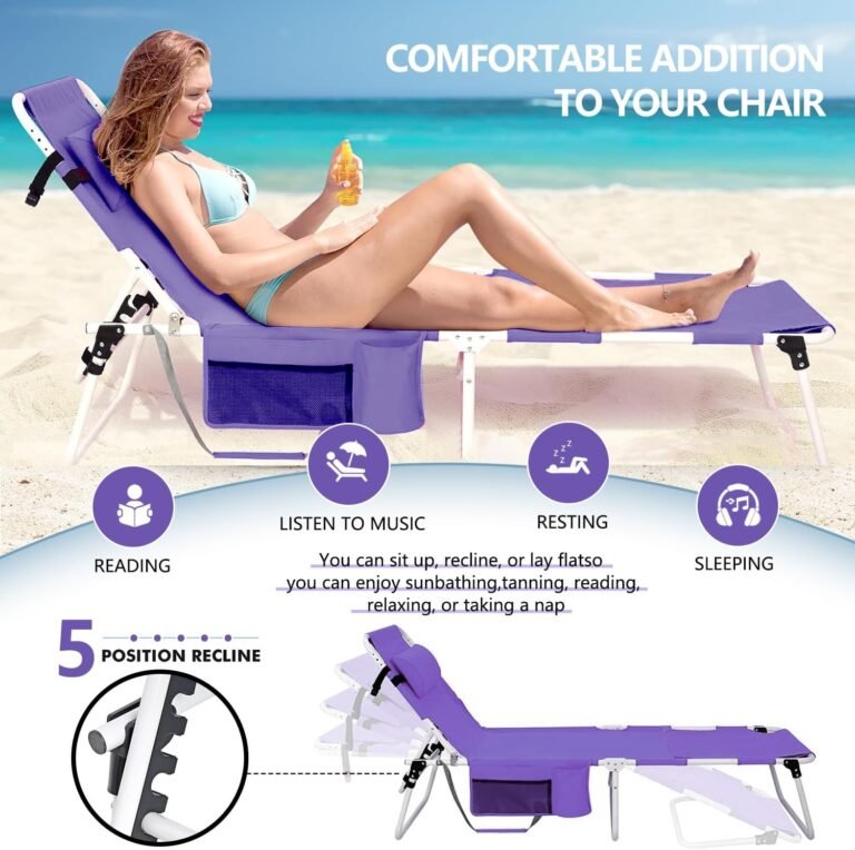 Tanning Chair with Face Hole, Adjustable Folding Chaise Lounge Chairs for Outside with Detachable Pillow & Pocket，Portable flat beach chairs for sunbathing, beach lawns camping (Purple, Standard)