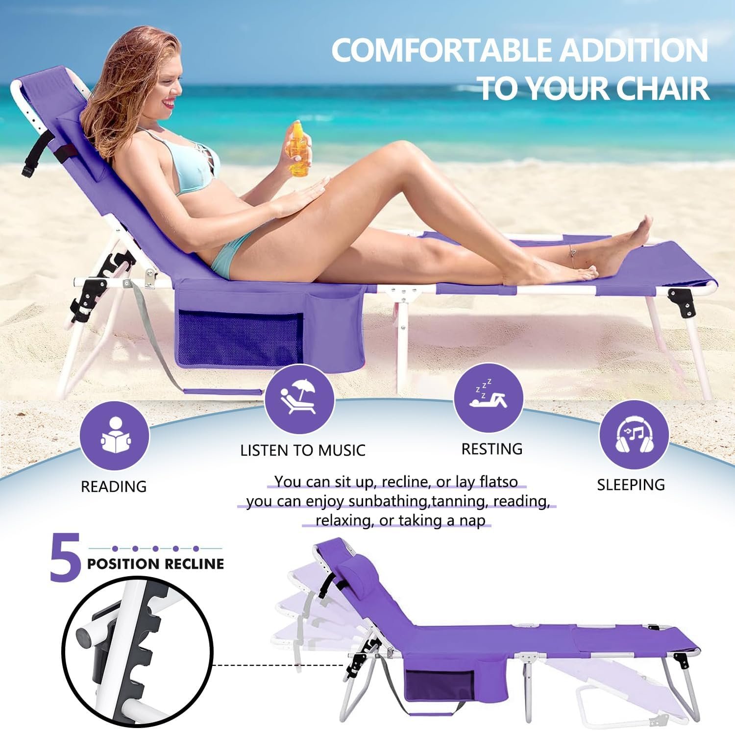 Tanning Chair with Face Hole, Adjustable Folding Chaise Lounge Chairs for Outside with Detachable Pillow & Pocket，Portable flat beach chairs for sunbathing, beach lawns camping (Purple, Standard)