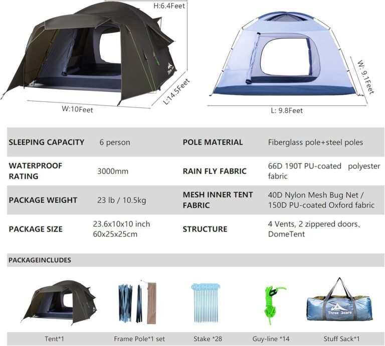 Three Bears Family Camping Tent – 6-Person Spacious Design, 3000mm Waterproof, Suitable for Road Trips/Backyards/Extended Camping Adventures in All Scenarios