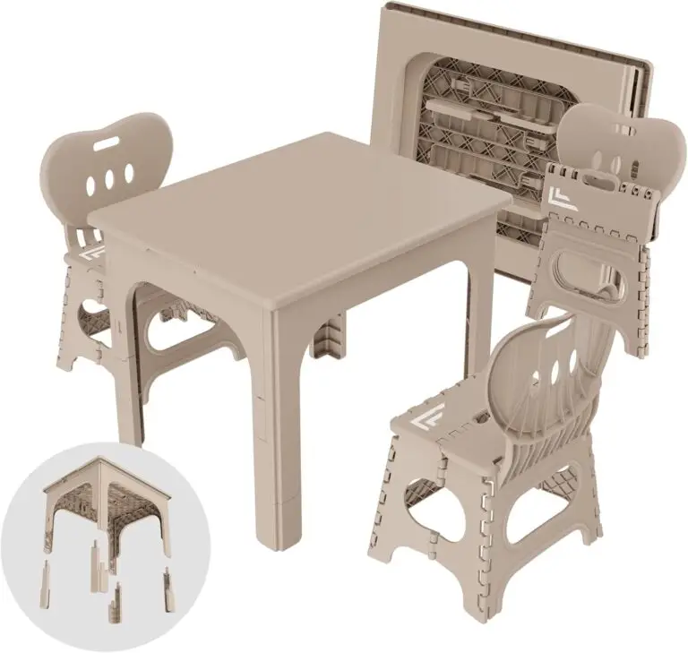 UNICOO® Kids Foldable & Height Adjustable Table Set w/2 Folding Chairs, Compact, Collapsible & Portable, Toddler Activity, Picnic Table, Card Table, Indoor/Outdoor (699) (Khaki)