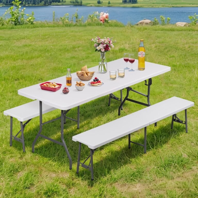 ZenStyle 6 ft Picnic Table Set with 2 Benches, Indoor Outdoor Portable 3-Piece Folding Furniture for Picnic Camping Wedding Party Working w/Handle and Safety Locks